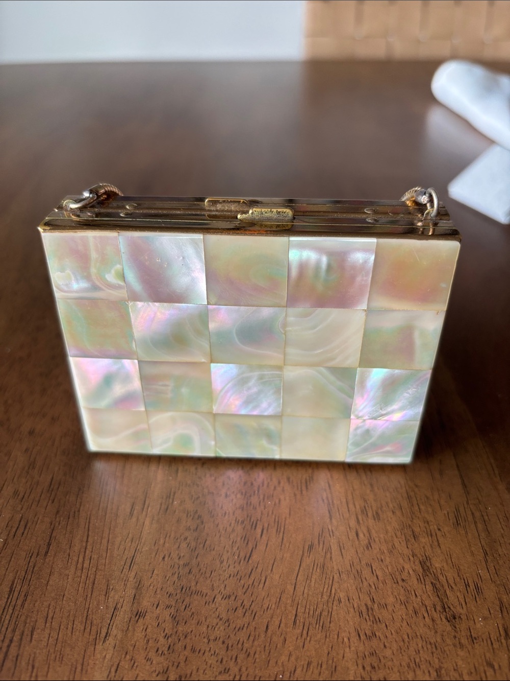 Elegant Mother-of-Pearl Checkerbox Evening Clutch - Cream Iridescent